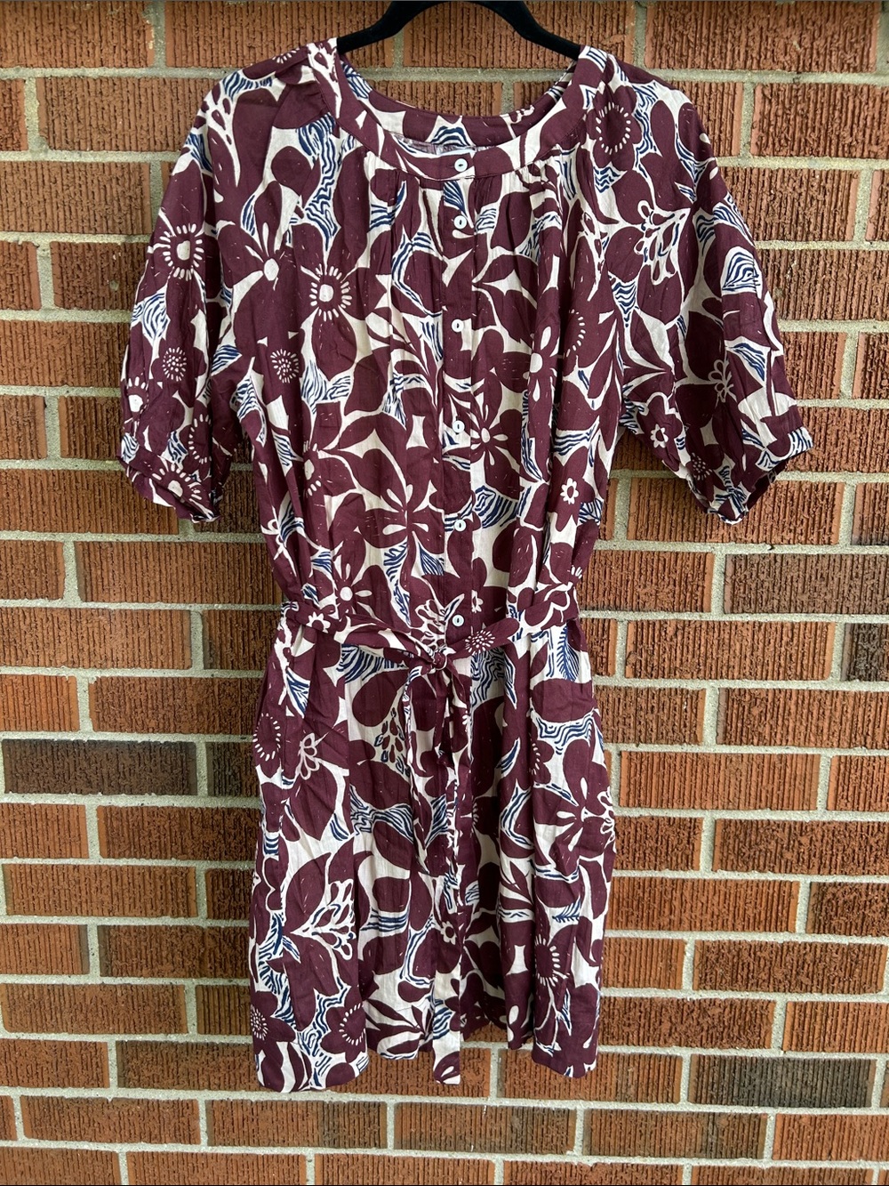 Velvet Floral Belted Midi Dress in Wine and Cream